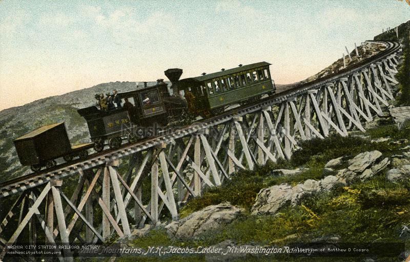Postcard: White Mountains, New Hampshire.  Jacobs Ladder, Mt. Washington Railway